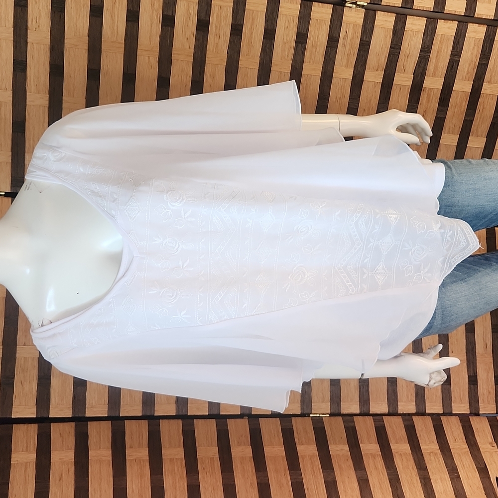 One World Chiffon poncho over stretch tanks